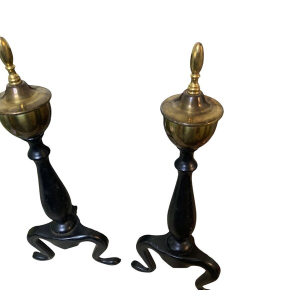 Vintage Federal Style Brass & Black Wrought Iron Andirons Log Holders Pair MCM - Picture 3 of 11